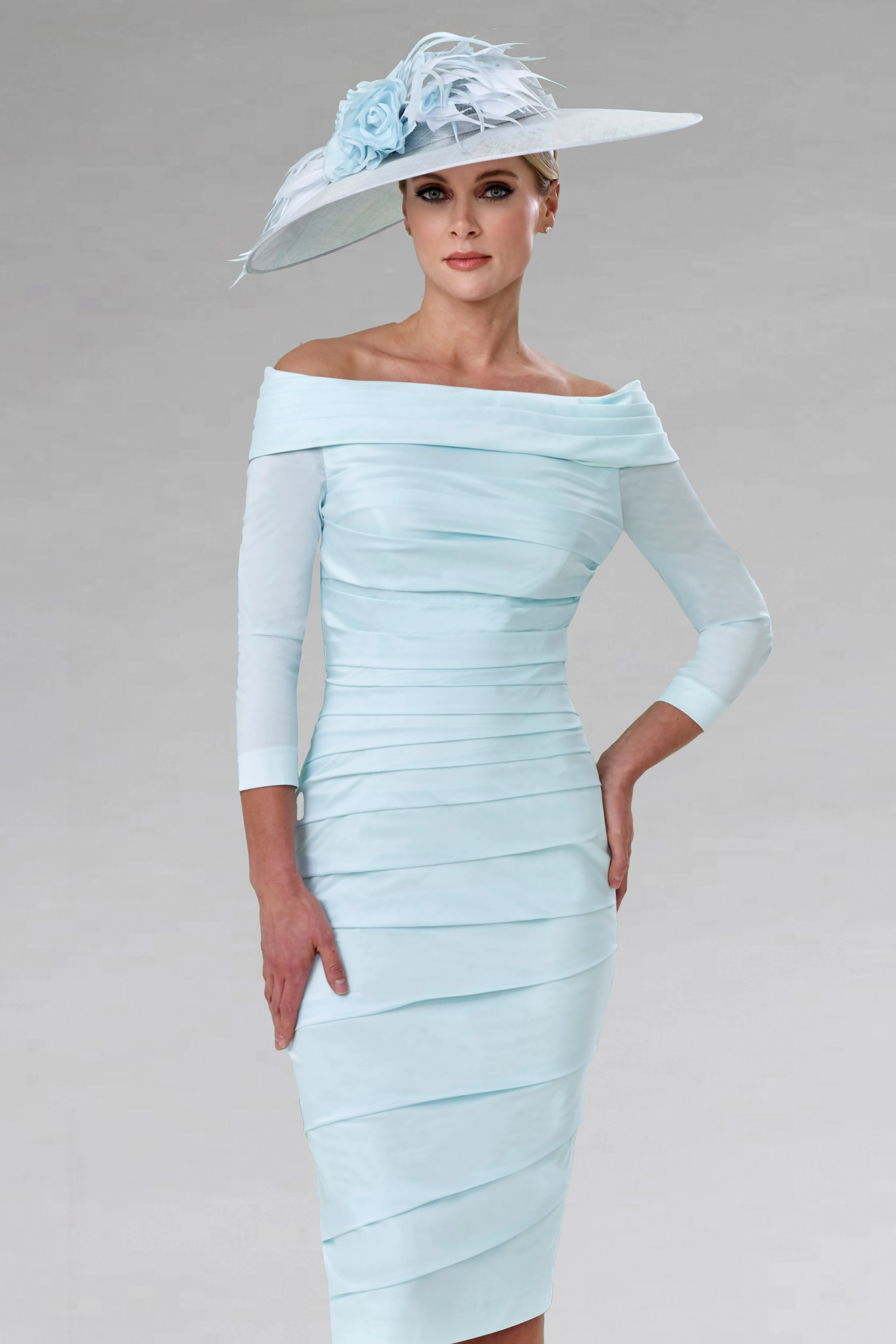 

free shipping new fold bardot neckline elegant Off The Shoulder fashion Short Mother of the Bride Dresses with 3/4 length sleeve