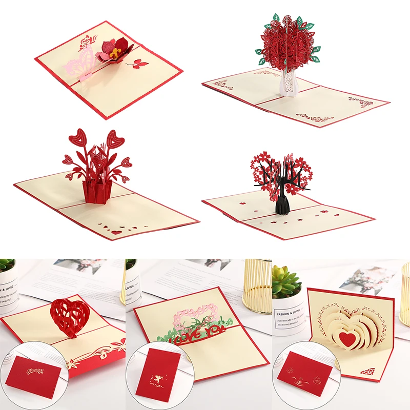 Stereoskopowe róże 3D Pop Up miłość kartka z życzeniami koperta Walentynki urodziny rocznica kartka z życzeniami pocztówka dla par