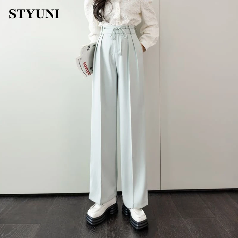 Sky Blue High Waist Straight Laceup Trousers Women's Pants 2022 Spring