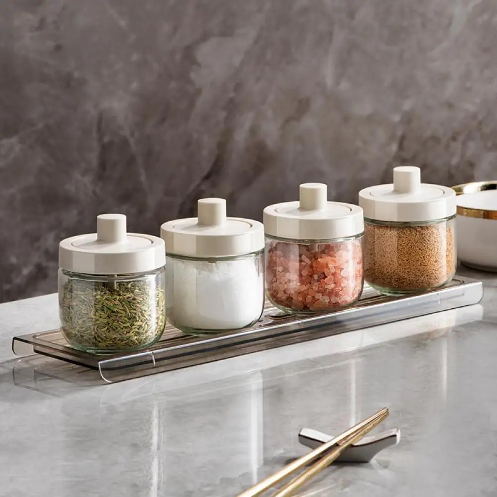 Integrated Seasoning Jar Glass Kitchen Spoon Lid Salt Seasoning Box Condiment Storage Container Multi-Function Cooking Supplies