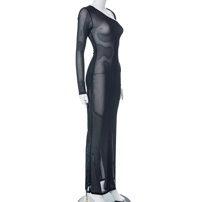 Black See Through Y2k Dress For Women Clothing Long Sleeve Vestidos De Mujer Slim Sexy Streetwear High Waist Autumn Robe Femme