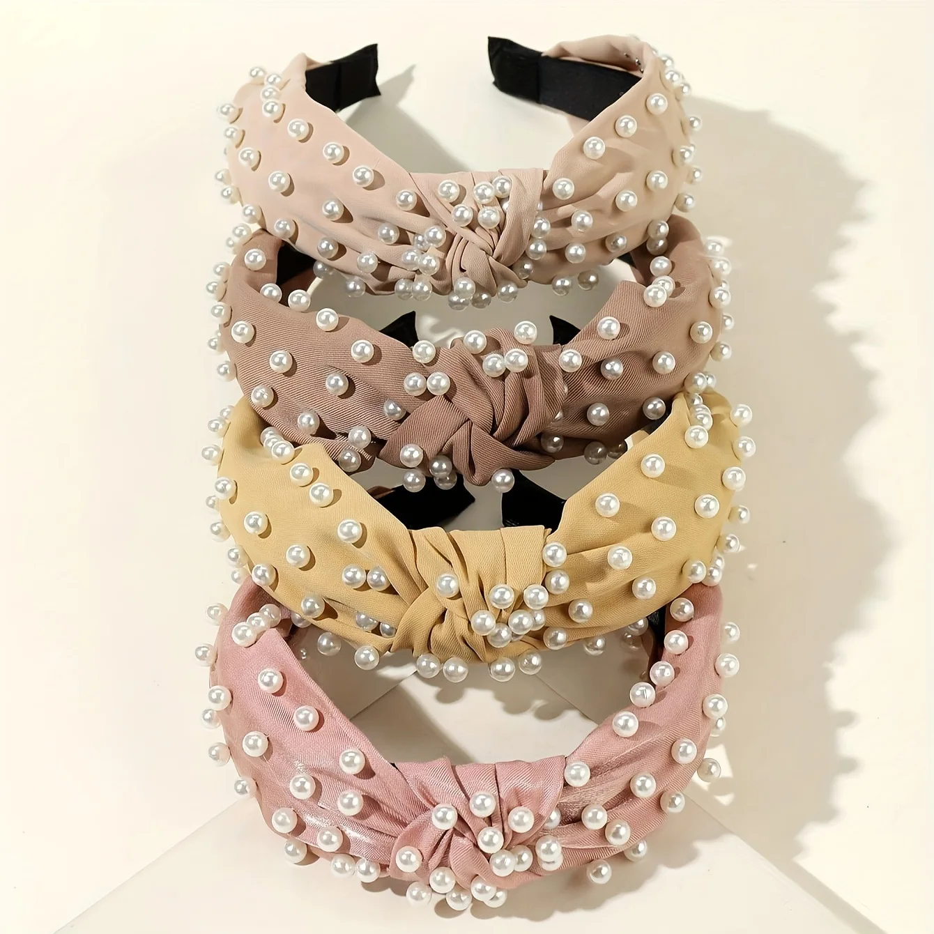 4 Pieces Solid Color Bowknot Bow Wide Fabric Dyes and Decoration Pearls Beaded Headband Women Hair Accessories Head Wear
