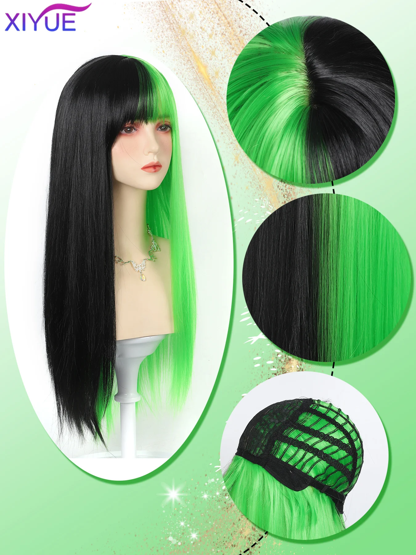 XIYUE Synthetic wig green and Black Wig Long Straight hair Cosplay Wig Halloween wig Two Tone Ombre Color Women Hair Wigs Green