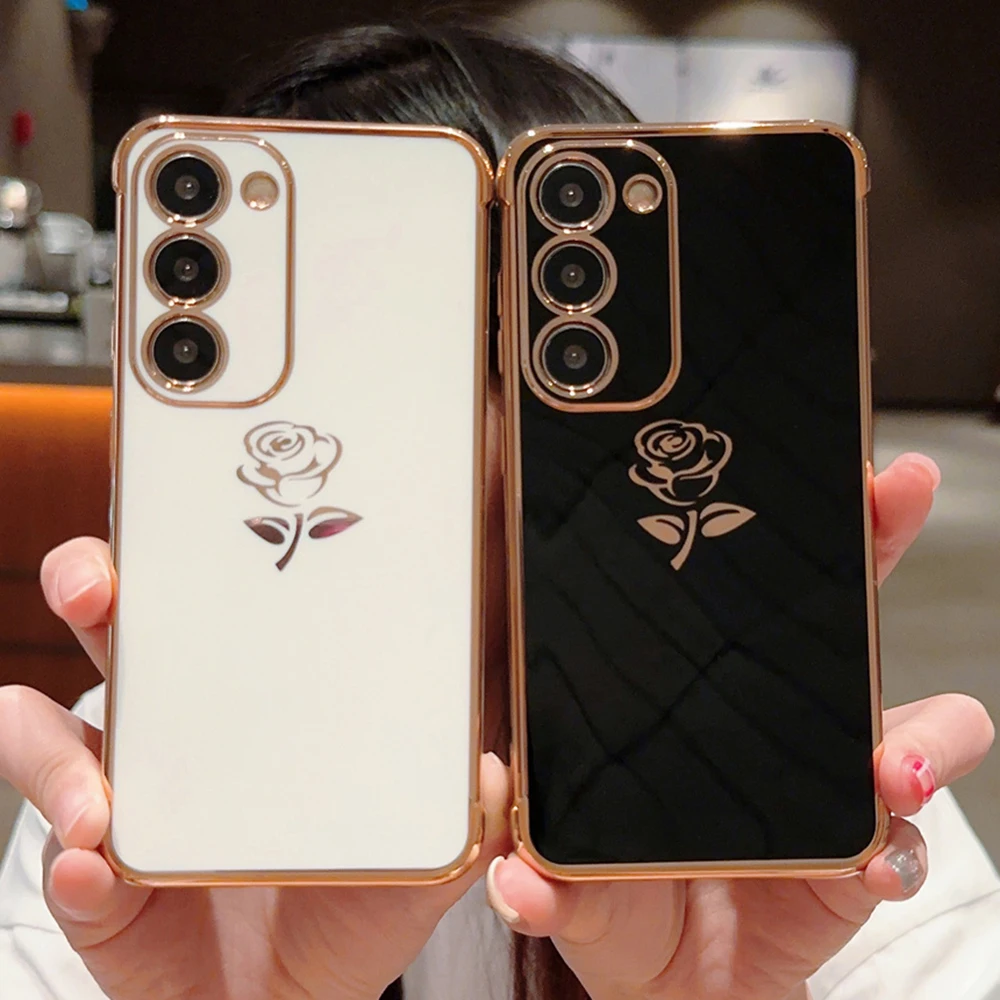 Cute Rose Flower Plating Case For Samsung Galaxy S23 S22 Ultra Plus S21 S20 FE A54 A34 A14 A53 A52 A24 A23 A25 A13 5G_voghion.com