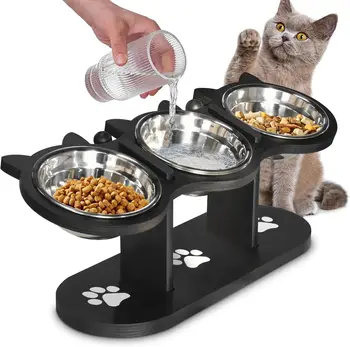 Cat Bowls Elevated, Raised Cat Food Bowls For Indoor Cats, Adjustable Heights Cat Food And Water Bowl With Black Shelf, 3 Stainless Steel Elevated Cat Bowls With 15°Tilted, Cat Dishes For Food And Water 1
