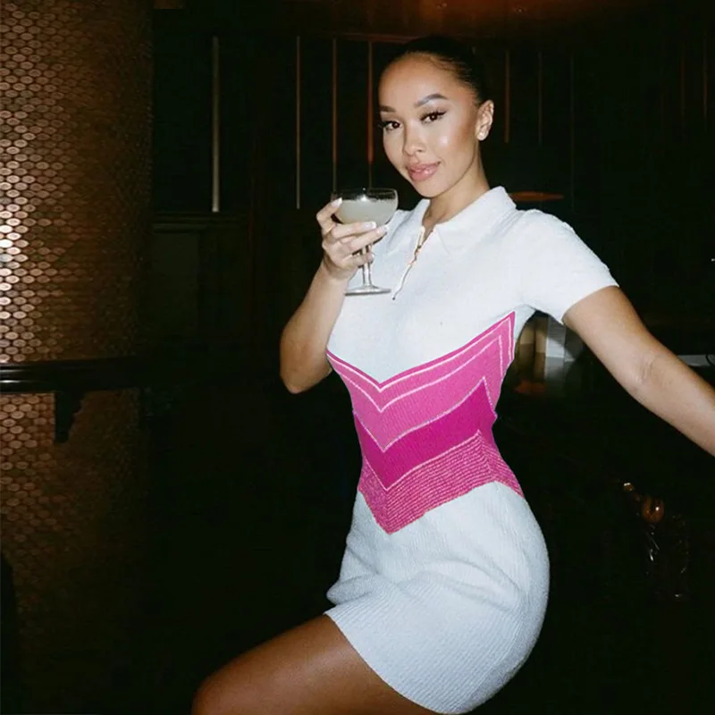 

Knitted Patchwork Dress Half Zipper Short Sleeve Turn-down Collar High Waist Short Vestido Slim Fashion Casual Summer Streetwear