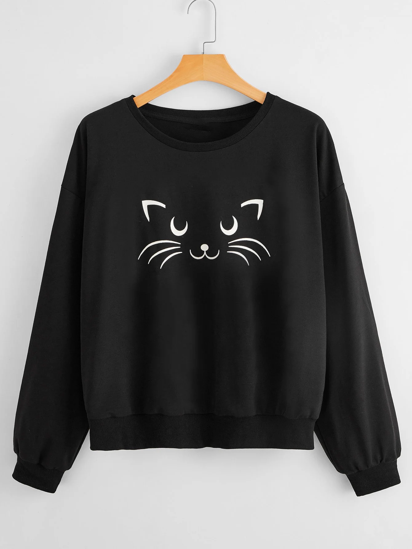 

Finjani Women's Plus Size Cute Cat Face Print Pullover Sweatshirt,black Long Sleeve Crew Neck Sweatshirt, Women's Clothing
