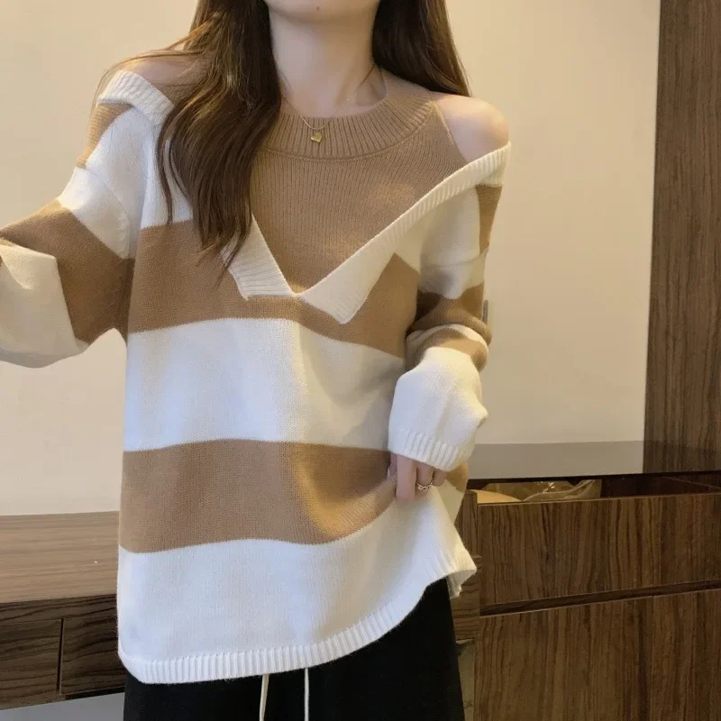 Fashion Women'S Korean Sweater Fake Two-Piece Neck Hanging Pullover Top Off Shoulder Striped V-Neck Sweater Y2k Korean Kpop Tops