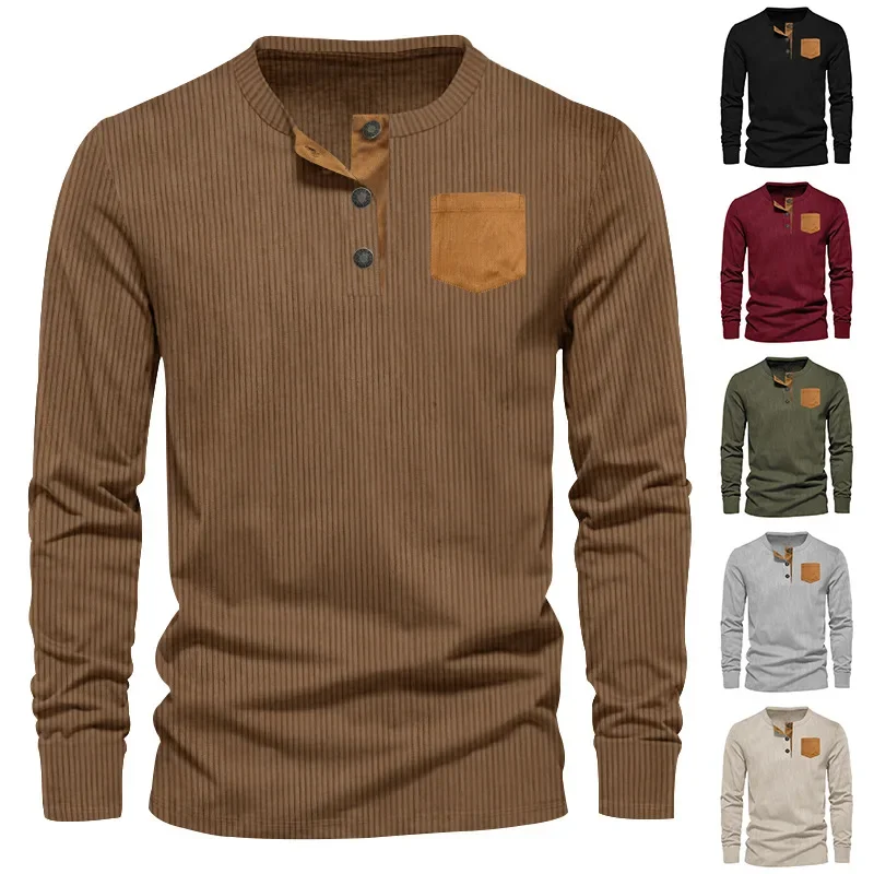 

2024 Spring and Autumn New Men's Hoodies Three Button Corduroy Henry Long Sleeved T-shirt Round Neck Slim Fit Sweater for Men