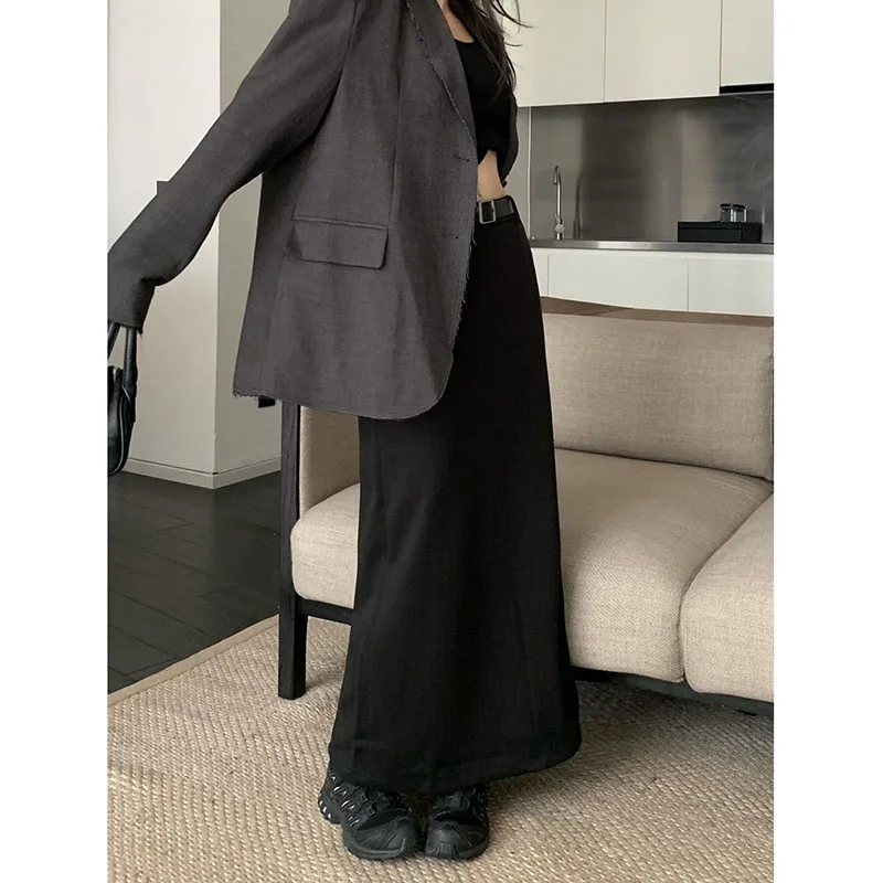 High Quality Woolen Maxi Skirts Female Elegant Chic High Waist Loose A-Line Skirts Women Vintage Streetwear Split Long Skirt 5