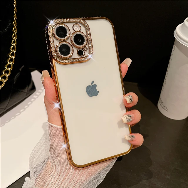 Luxury Plating Flash Diamond Bumper Phone Case with Shiny Rhinestone Lens Cover