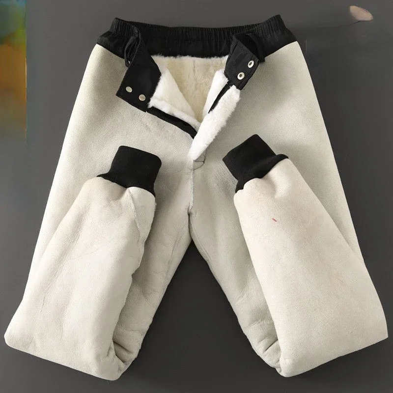 Men Trousers Leather Pants Cotton Trousers Whole Genuine Sheepskin Warm High Waist Leather Pants Men Women Pure Wool Cotton Trousers Fur Underwear Pant New Winter Clothing