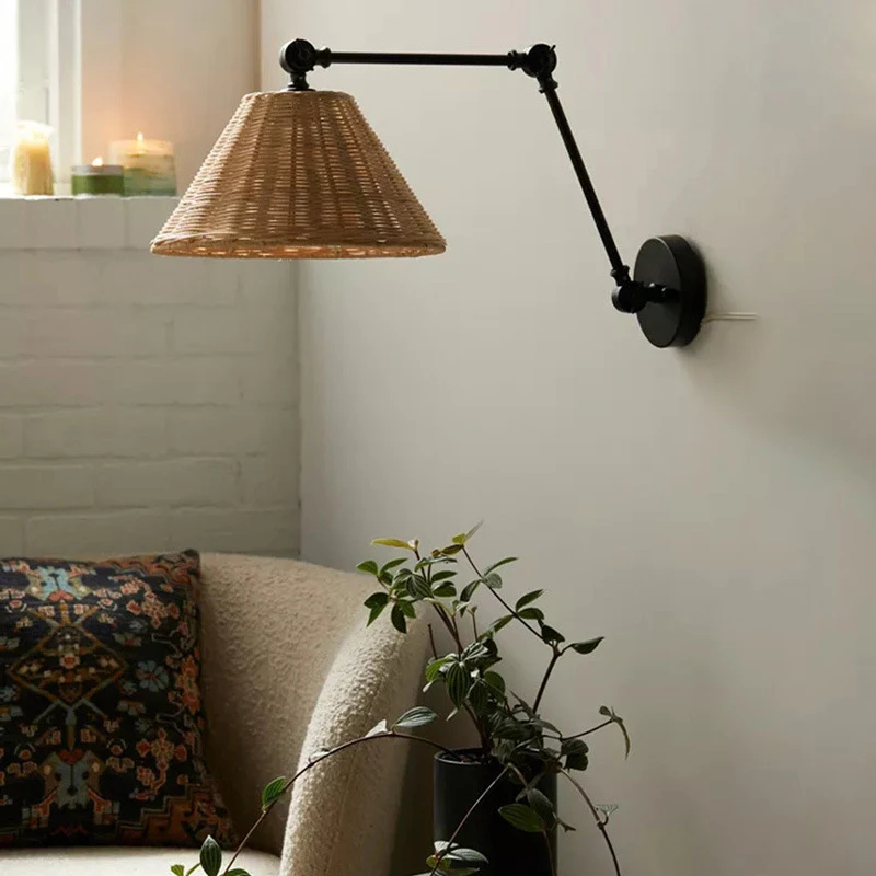 Japoński kinkiet Wabi-sabi Vintage rattanowy składany długie