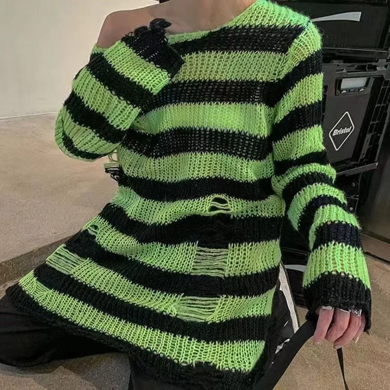 New Goth Punk Gothic Sweater Oversized Pullovers Women Striped Cool Hollow Out Hole Broken Jumper Harajuku Aesthetics Sweater 6