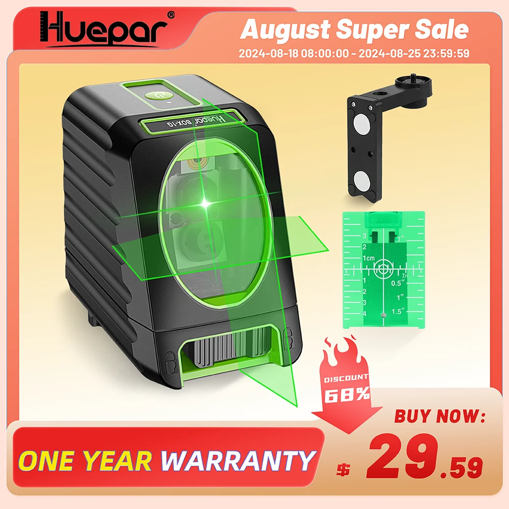 Huepar 150ft/45m Cross Line Laser Level 2 Lines Self Leveling Vertical & Horizontal Green Beams for Outdoor Use BOX-1G laser level