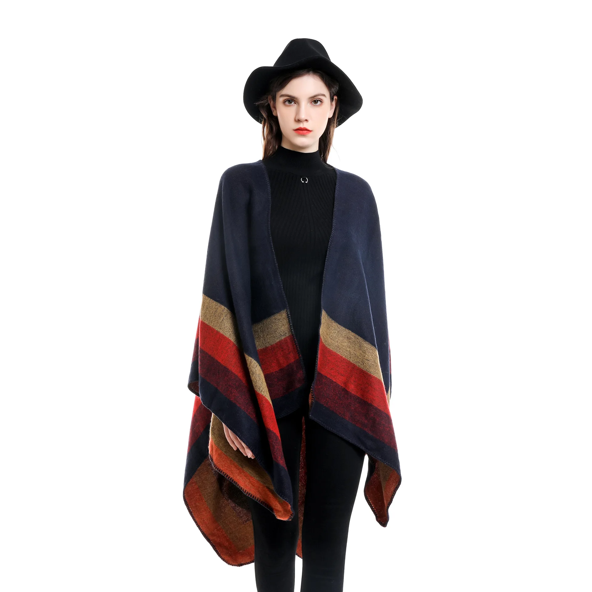 Women Cashmere Feel Shawl Lady Classic Striped Vintage Cape Spring Autumn Retro Cardigan Winter Cloak Soft Large Blanket New in