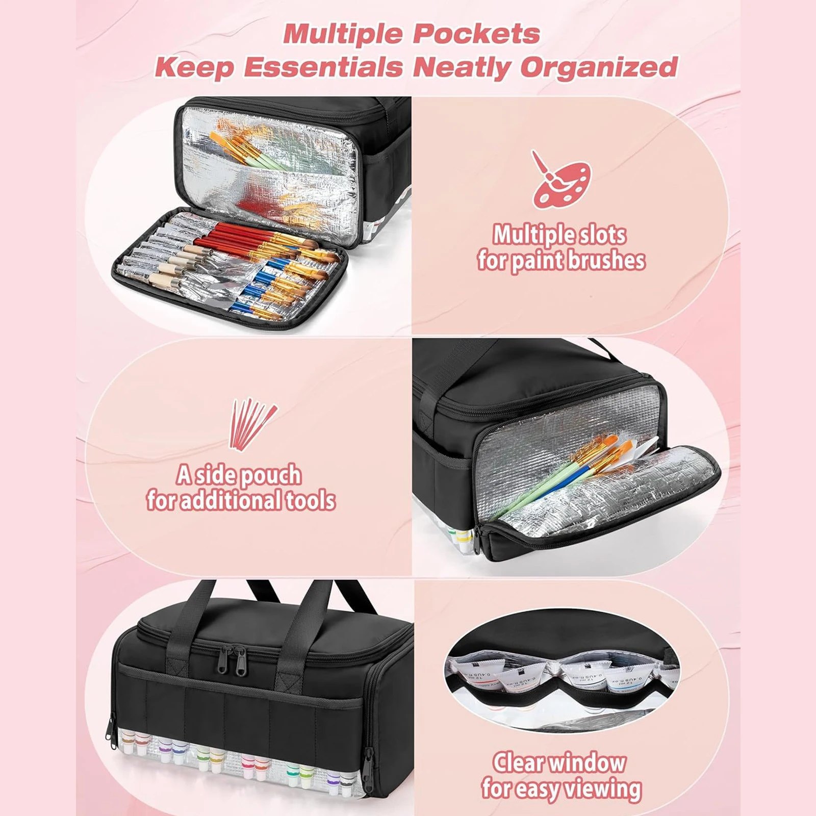 아크릴 페인팅 보관 케이스는 60병(2온스)을 수용할 수 있으며, 어깨끈과 손잡이가 있는 미술 용품 휴대 가방으로, 예술가들에게 이상적입니다.