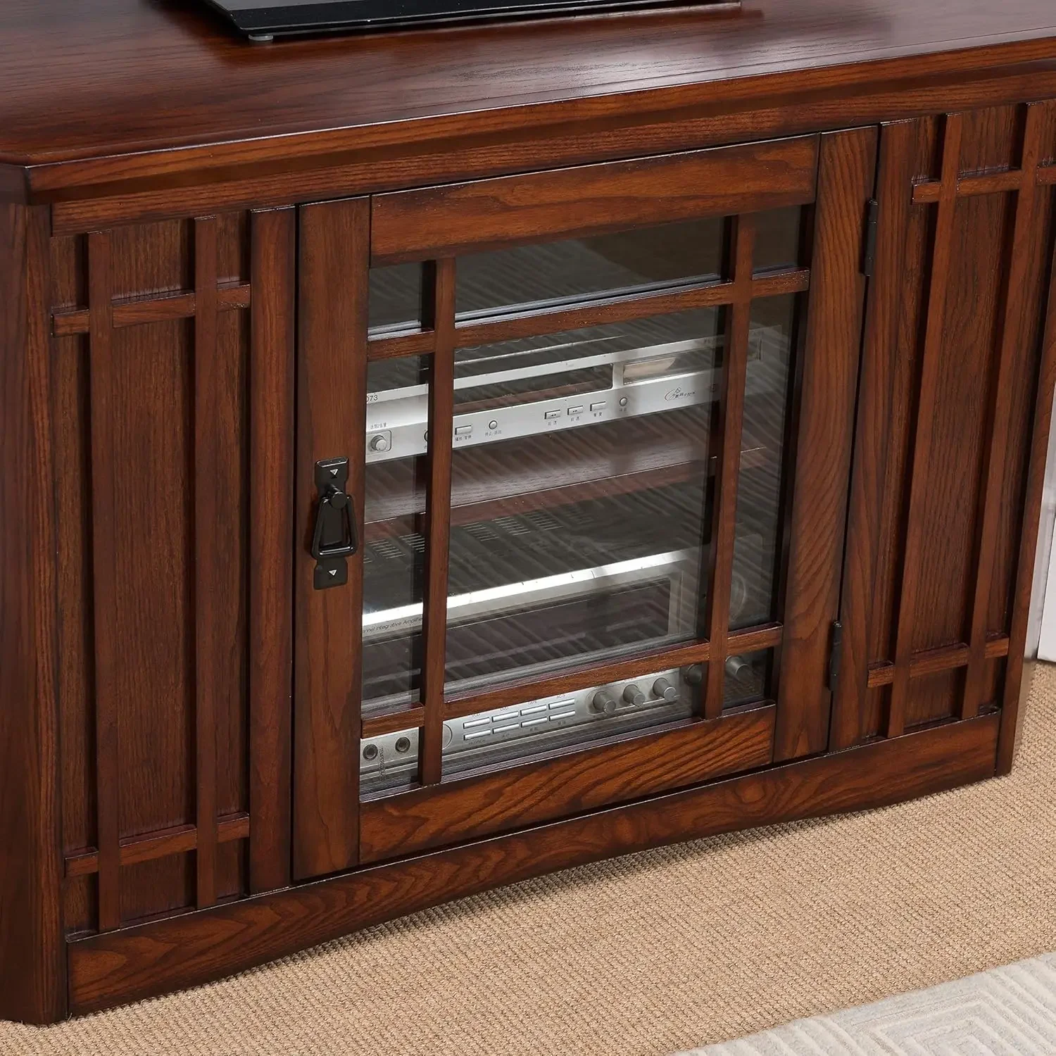 NEW-82285 Mission Corner TV Stand Made from Solid Wood, One Door and Adjustable Shelf, for 50" TVs, Mission Oak