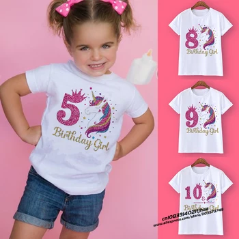 Unicorn Birthday Shirt 1-12 Birthday T-Shirt  Wild Tee Girls Party T Shirt Unicorn Theme Clothes Kids Gifts  Fashion Tops Tshirt 1