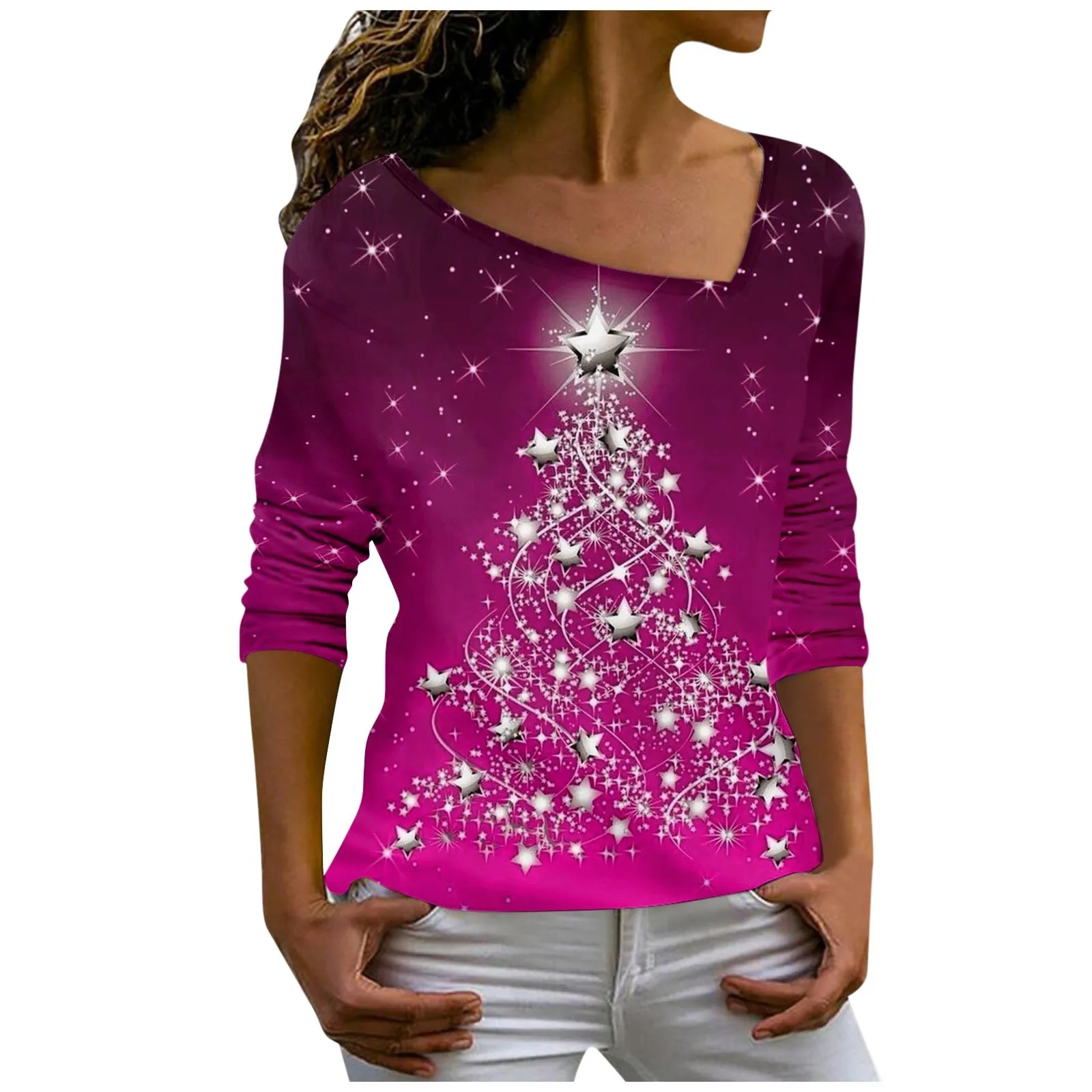 

Skew Collar T Shirt Long Sleeves Slim Fit Christmas Tops Women Snowflake Print Casual Pullover Top Female Clothing 2023 New