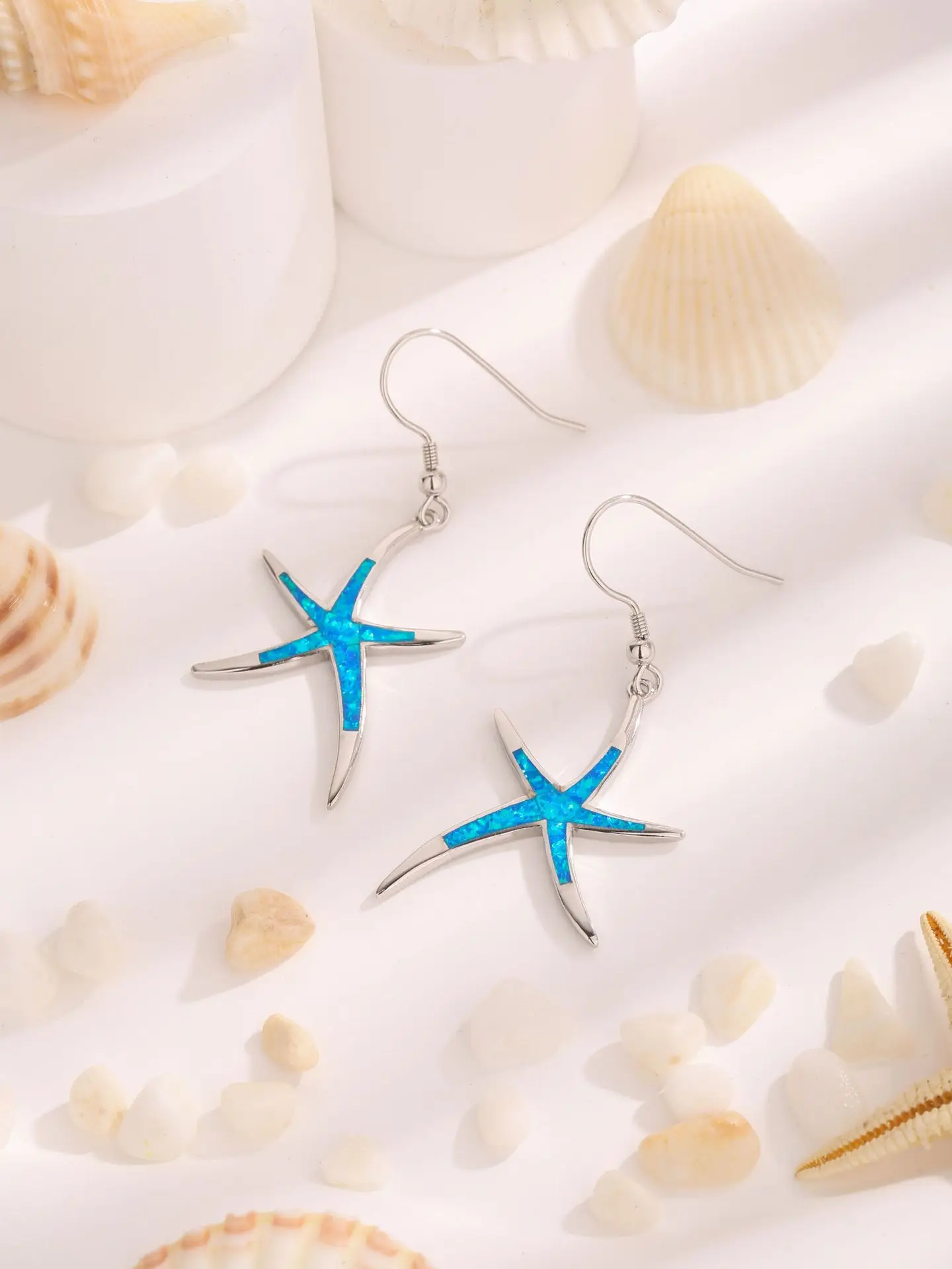 

Sterling 925 Silver Starfish-shape Women's Earrings Inlaid with Blue Opal,Elegant Style for Animal Protection Party or as a Gift