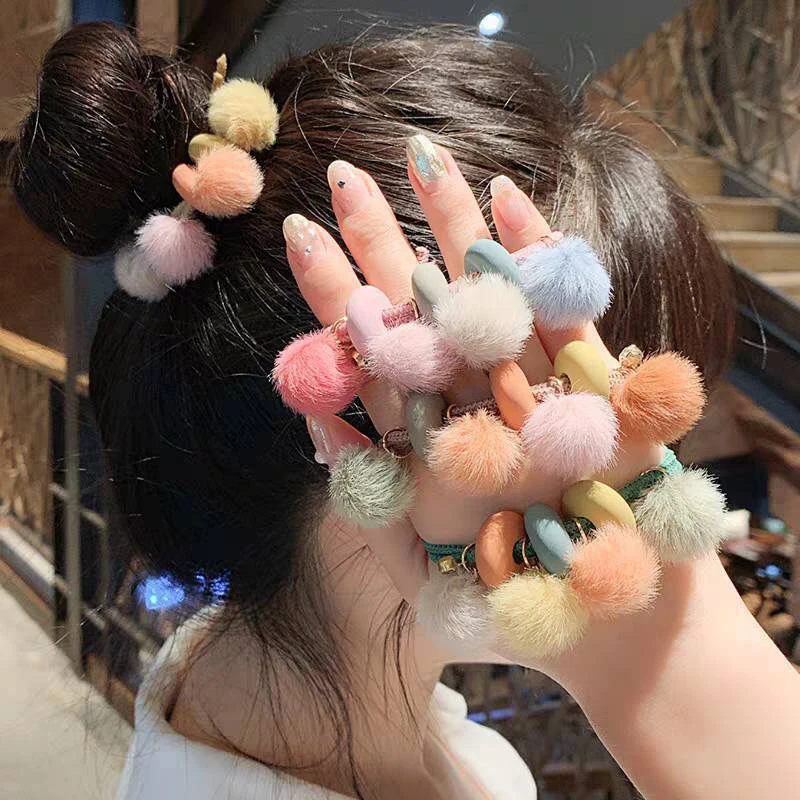 Hairball Hairbands For Women Elastic Hair Bands Colorful Furry Ball Hair Rope Sweet Ponytail Holder Headdress Hair Accessories