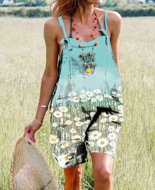 Women's Jumpsuit Shorts 2023 Summer Retro Print Back Strap Wide Leg Jumpsuit Shorts Fashion Casual Jumpsuit