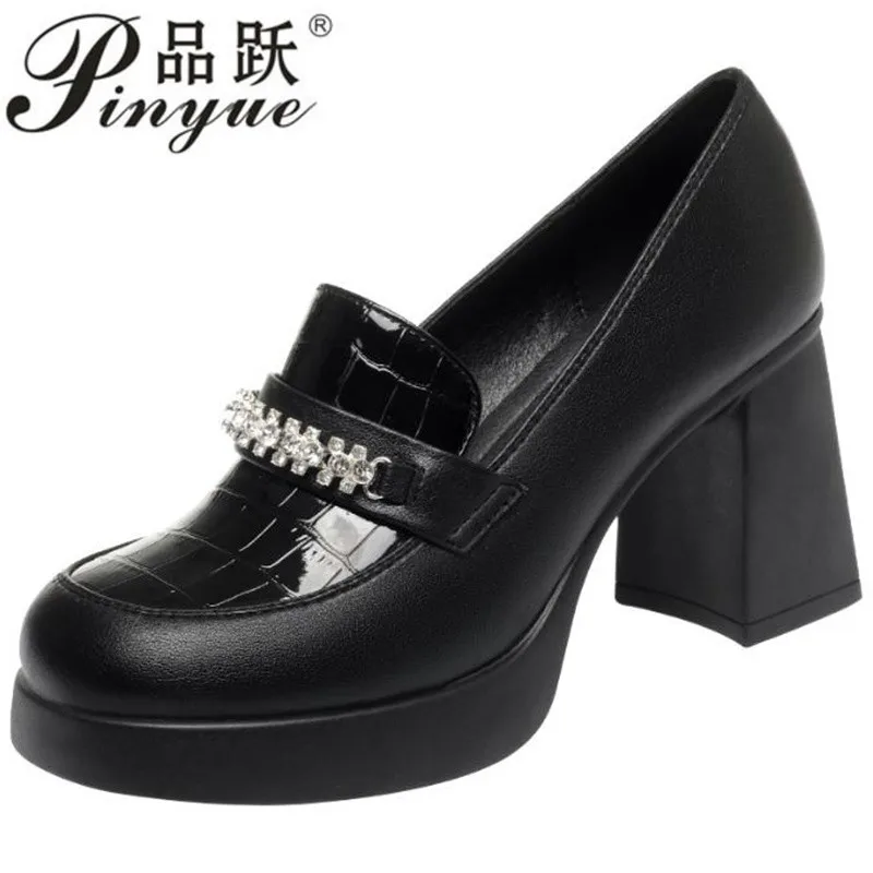 

Лоферы на высоком каблуке 8 см, женские осенние однотонные туфли, новинка, женская кожаная обувь с глубоким открытым носком, искусственная кожа, Туфли Мэри Джейн 40