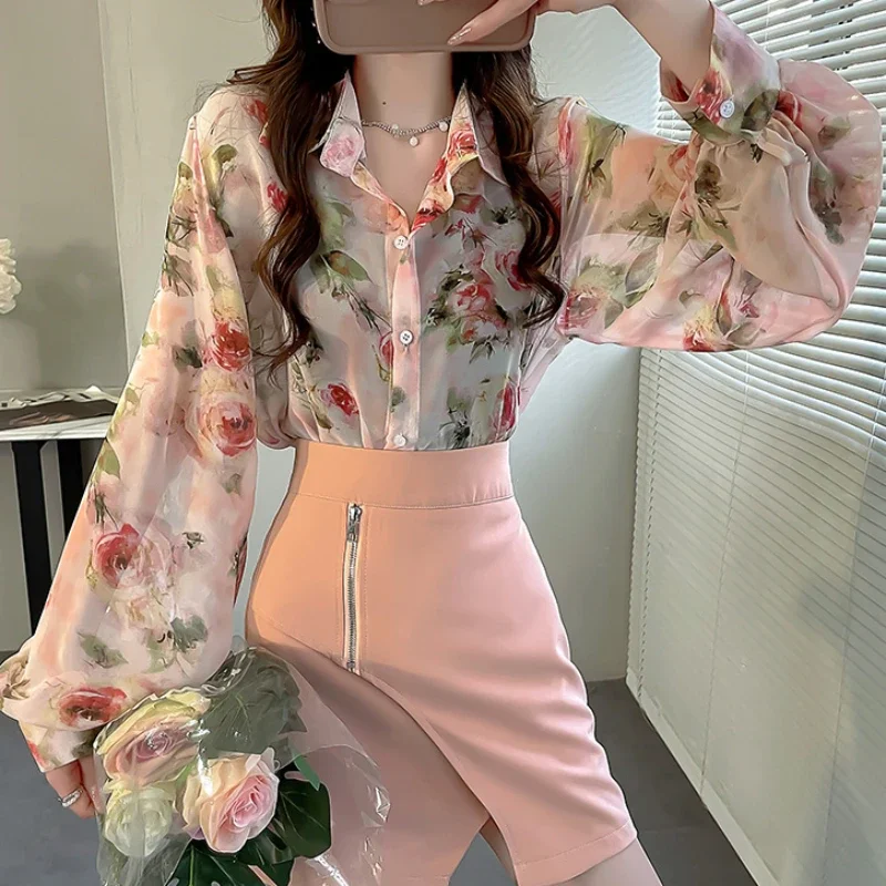 Chiffon Vintage Women's Shirt Summer Prints Blouses Loose Fit Polo-neck Long Sleeve Women Tops Fashion Clothing 2024 Korean