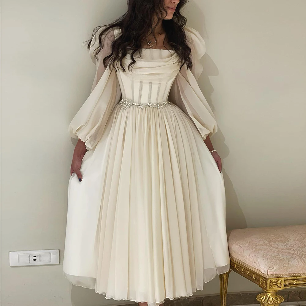 SCZ136 Dubai Beige Short Midi Arabic Evening Dress with Belt Long Sleeves Tea Length Women Formal Wedding Party Gowns 2 SCZ136 Dubai Beige Short Midi Arabic Evening Dress with Belt Long Sleeves Tea Length Women Formal Wedding Party Gowns 2