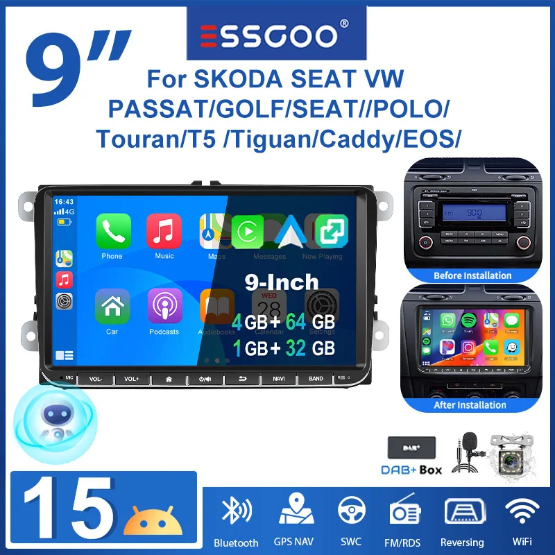 Radio para Auto Essgoo de 9 Pulgadas con Android 15, 4GB, 64GB para Vw Golf 5, 6, Passat, Polo, Touran, Tiguan, Caddy, Eos, T5, Seat, Skoda, con Carplay Inalámbrico, Android Auto, GPS, Navegación, RDS, FM, Wifi, Bluetooth, Mirror Link, Control del Volante, Pantalla Táctil 1