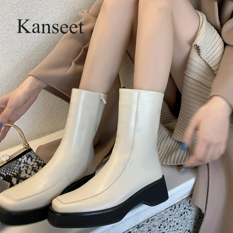 

Kanseet Women Mid-Calf Boots 2022 Winter New Arrival Platform Square Toe Warm Fur Shoes Genuine Leather Zipper Thick Heels Boots