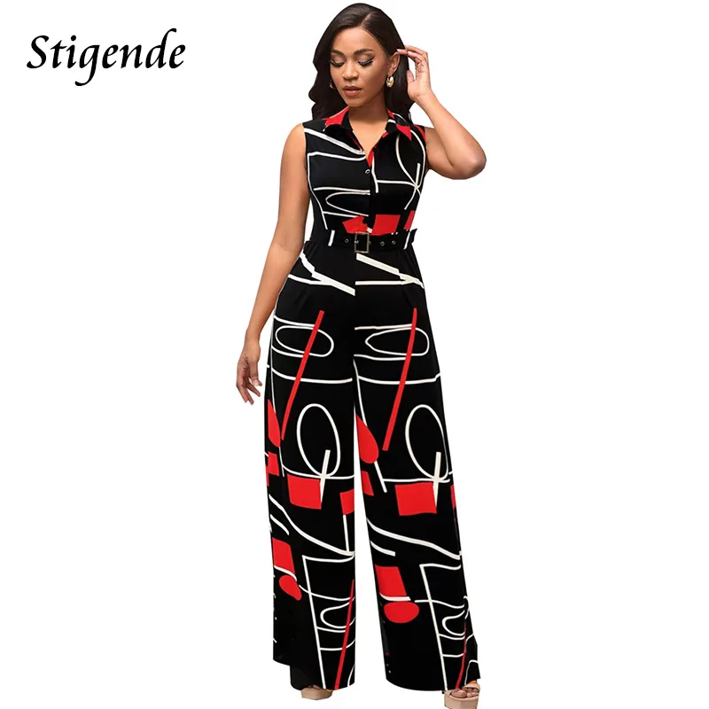 

Stigende Women Fashion Print Loose Wide Leg Jumpsuit Sleeveless Turn Down Collar Jumpsuit Casual Button Up Long Jumpsuit Pants