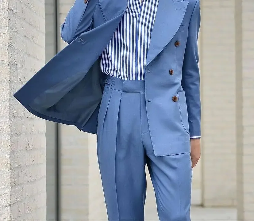 2024 Handsome Sky Blue Suit Tuxedo 2 Piece Groom Tuxedos Jacket For Men High Quality Wedding Suit Skinny Casual Costume Homme
