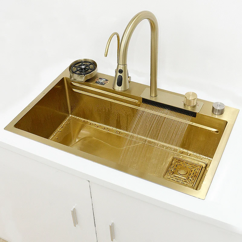 Gold Kitchen Sink Multifunction Kitchen Sink Waterfall Stainless Steel