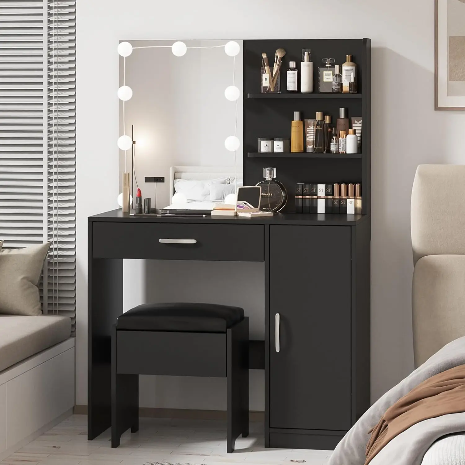 

Makeup Vanity with Lighted Mirror, Desk Drawer and Storage Cabinet, Dresser Mirror Dressing Table for Bedroom, Bathroom, Black