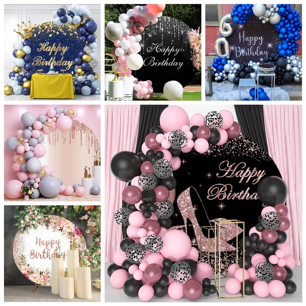 Happy Birthday photo backdrop Round Gold Black Glitter Balloons High Heels for Party Photography