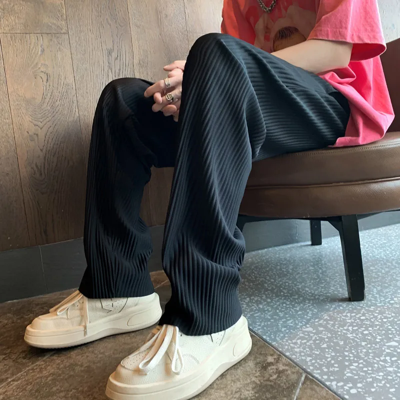 Men Summer Casual Pants Black Gray Ice Silk Pants Japanese Streetwear Hip-hop Loose Straight Trousers Mens Pleated casual pants