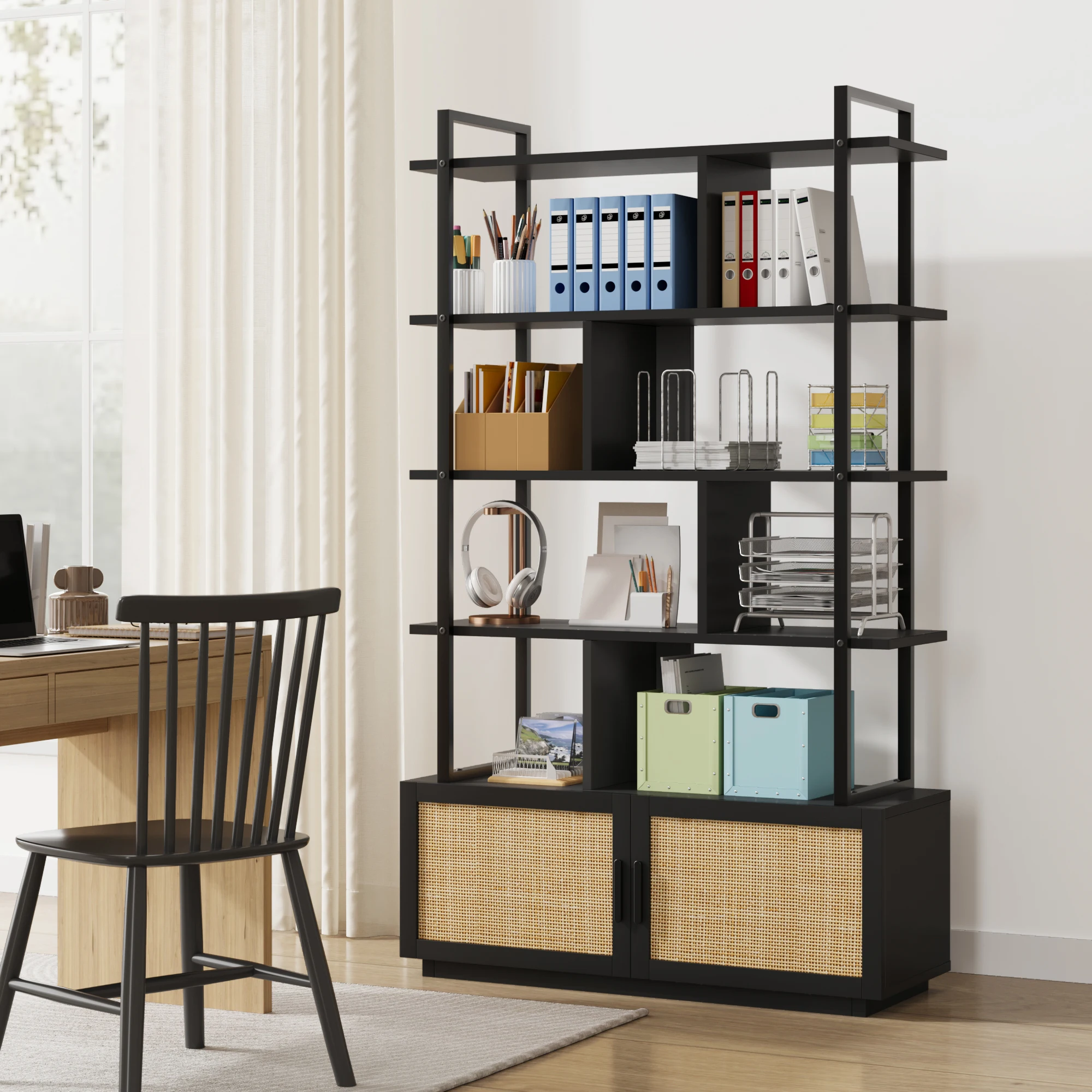 5 Tier Rattan Bookshelf with Storage Cabinet Door 71.1 Inch Tall Industrial Book Shelf with Open Display Shelves for Living Room