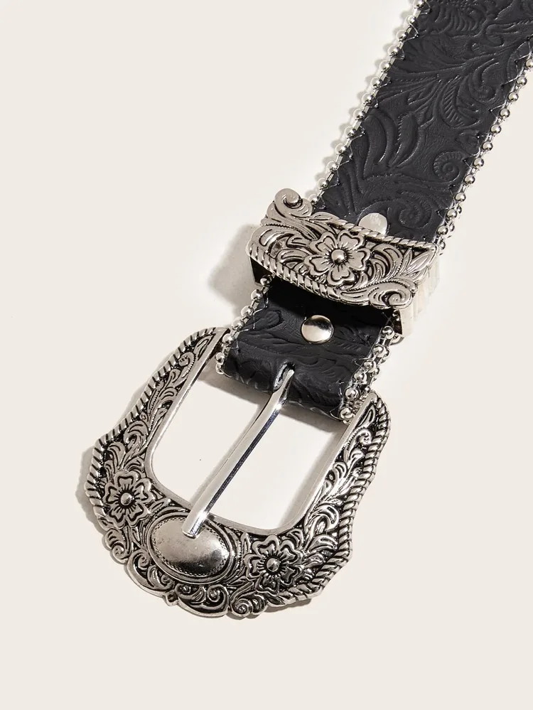 Western Pu Leder Gürtel Western Cowboy Frauen Cowgirl Unisex Taille Gürtel mit Metall gravur Schnalle – Detail 4