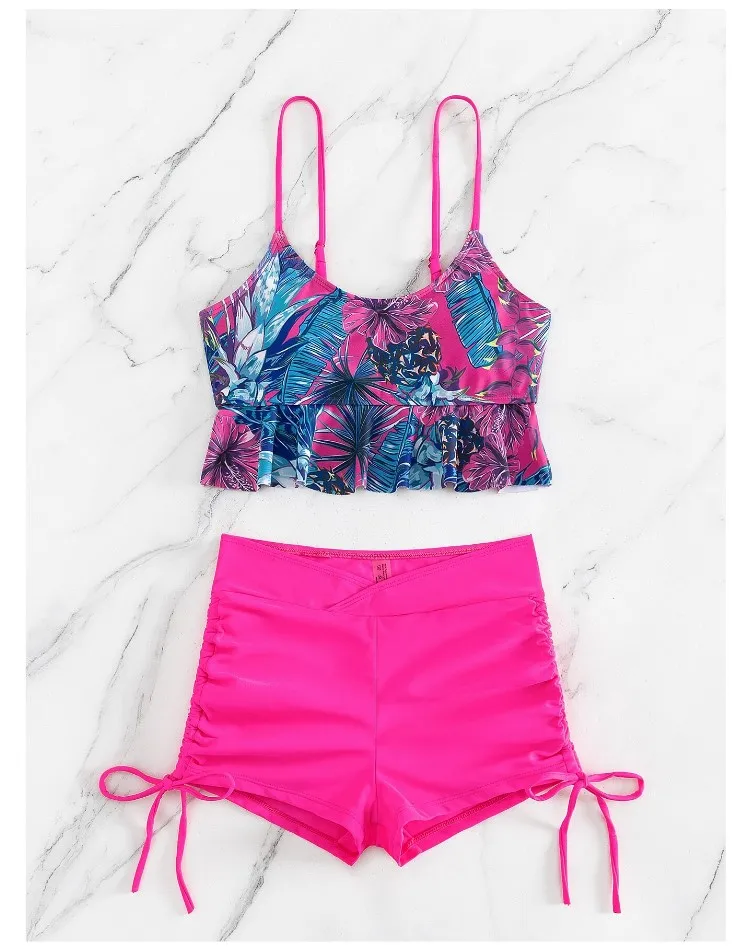 Cikini-Tropical Print Tankini Set, Ruffle Hem Cami Top, Overlap Waist Drawstring Side Shorts, 2 Piece Bathing Suit