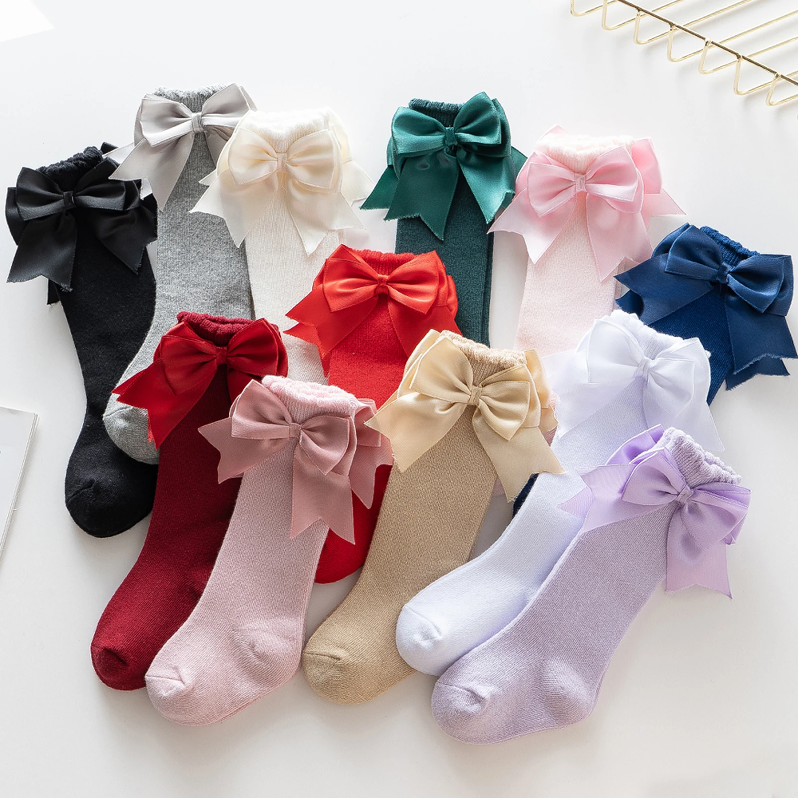 Infant Baby Girls Socks cotton knee high bowknot solid color breathable sock 0-2Y