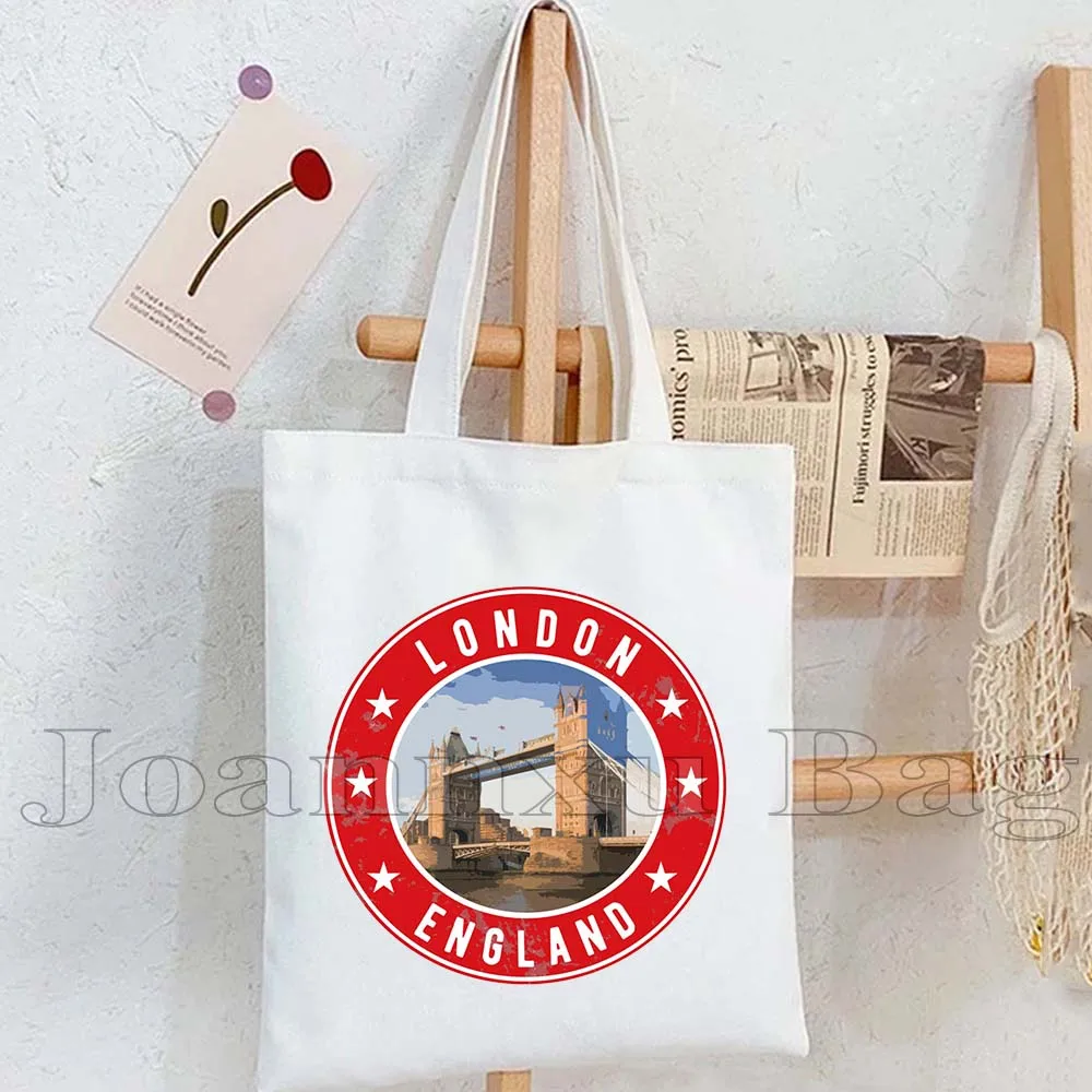London England Flag Map Cute Tote Bag United Kingdom Bus Big Ben Bridge Phone Booth Landmark Trip Travel Tourist Canvas Handbags