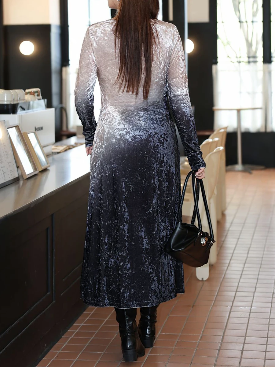 Plus Size Women's Long Dress Premium Gradient Velour Butterfly Print Front Slit Elegant Square Collar Fold Waist Fall 2025