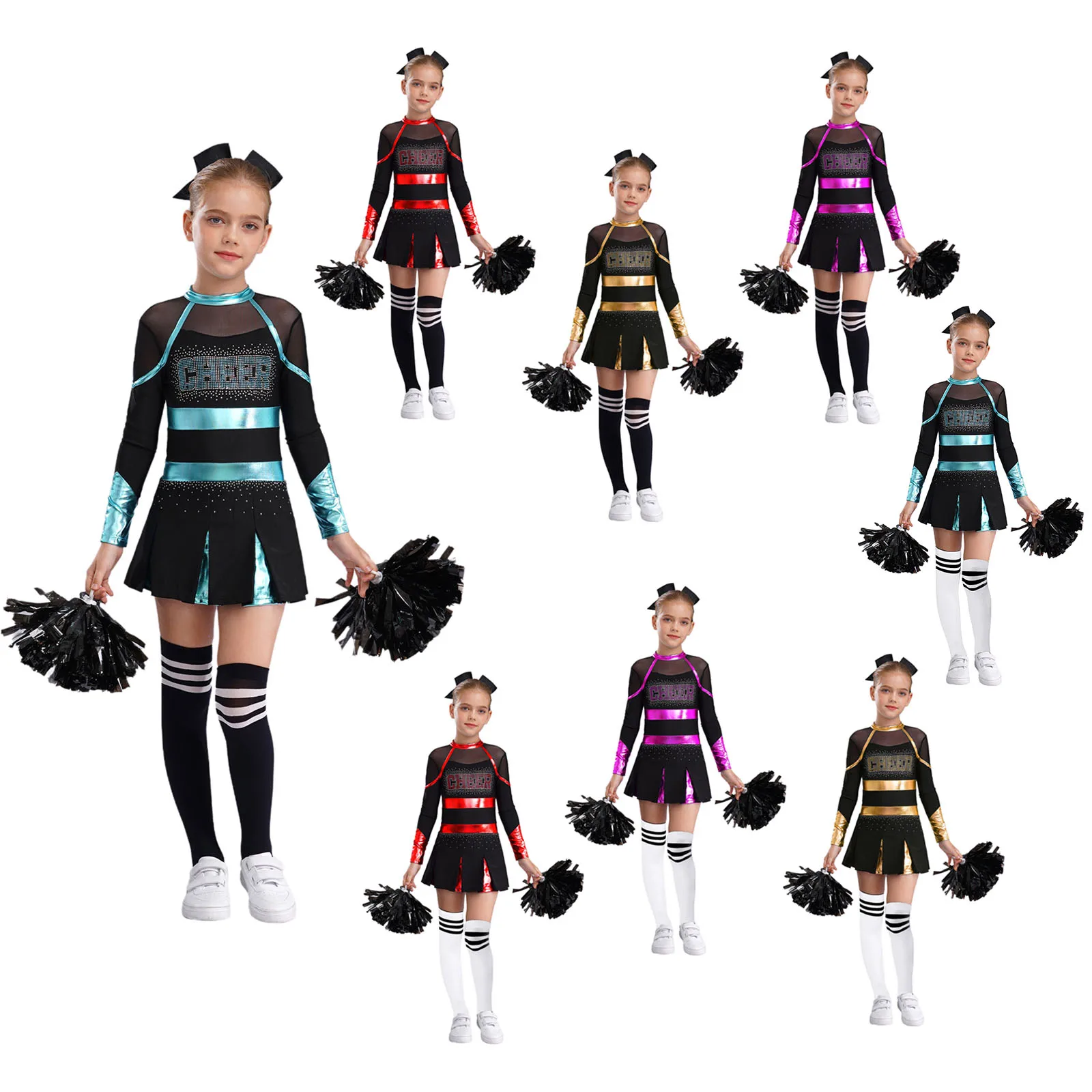 Kinder Mädchen Cheerleader Kostüm Musical Cheerleading Uniform Schulmädchen Glitzerndes Strass Metallic Langarm Plissee Kleid – Detail 3
