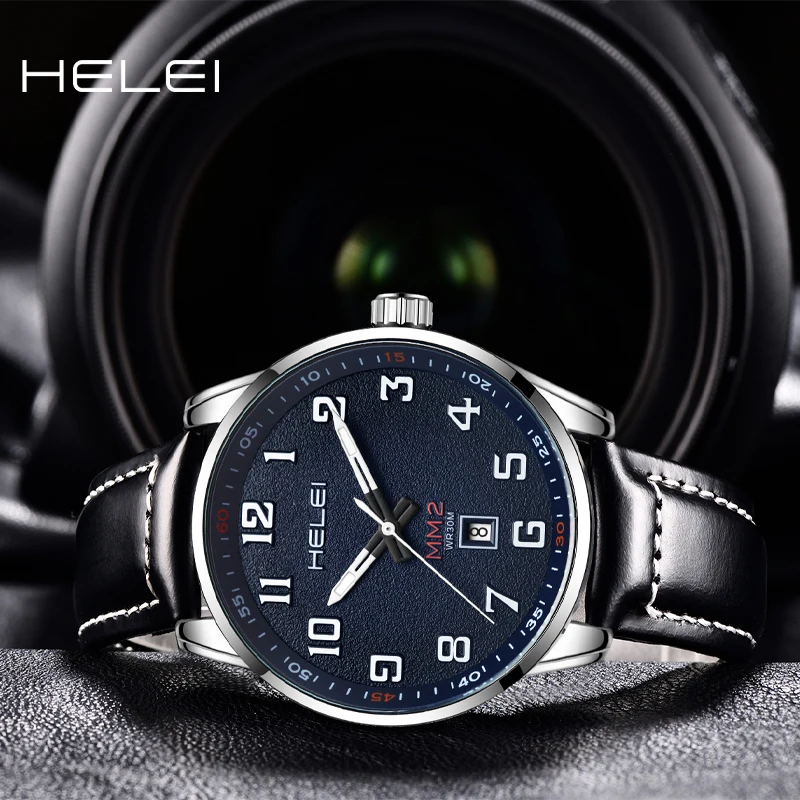 HELEI 2024 Top Brand Men's Military Sport Watch Men Leather Vintage Classic Dial Quartz Wristwatch Calendar Male Clock Relogio