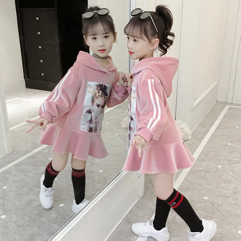 

Foreign Trade Fall Children's Long-Sleeved Cotton Hoodies Little Girls Cute Ruffles Hooded Sweater Dress Baby Kids Warm Clothes