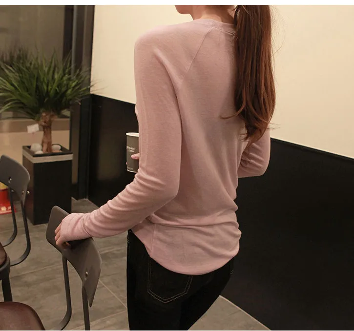 Frauen Langarm Blau T-shirt Frühling Sommer Grundlegende Tops Lose Dünne Sexy Einfarbig Baumwolle T Mode Femme – Detail 40