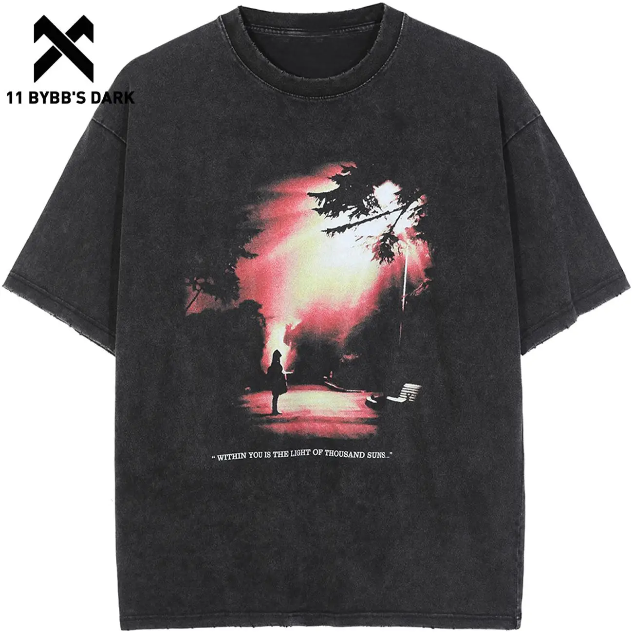 

11 BYBB'S DARK Vintage Washed Tee Shirts Hip Hop Short Sleeve Loose Oversized Sunset Print Harajuku T-Shirt Cotton Summer Tops