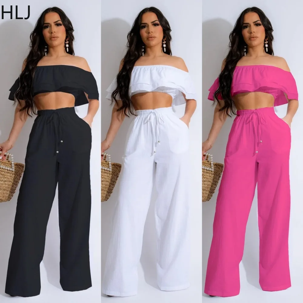 HLJ Elegant Lady Ruffle Design Wide Leg Pants Two Piece Sets Women Off Shoulder Crop Top And Pants Outfits Fashion OL Clothing